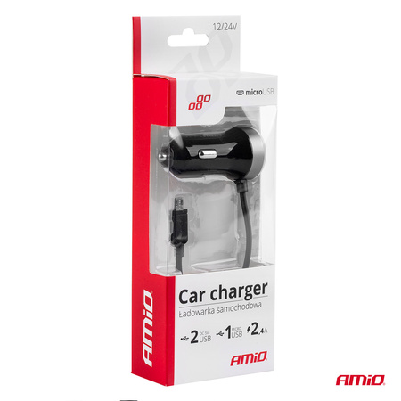 Ładowarka samochodowa PCH PRO-01 microUSB + 2x USB 2.4A 12V 24V AMIO-02056
