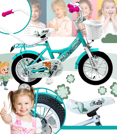 ROWEREK DZIECIĘCY 12 CALI MIĘTOWY DZWONEK HAMULEC KOSZYK BAGAŻNIK KOŁA BOCZNE KOŁA DRĄŻEK DLA DZIECI