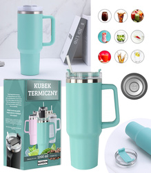 KUBEK TERMICZNY TERMOS ZE SŁOMKĄ TURKUSOWY STAL NIERDZEWNA UCHWYT NA CIEPŁE ZIMNE NAPOJE RURKA DUŻY XXL 1200 ML
