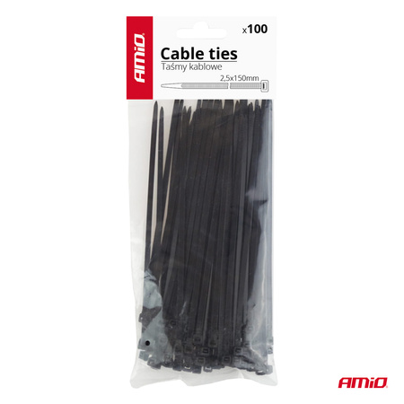Taśmy opaski zaciskowe kablowe czarne 2,5x100mm - 100 szt. AMIO-02150