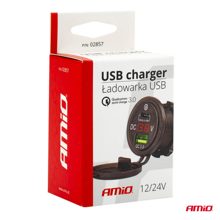 Wodoodporna ładowarka z gniazdami USB i testerem napięcia + USB-C 12V 24V MOD-07 AMIO-02857