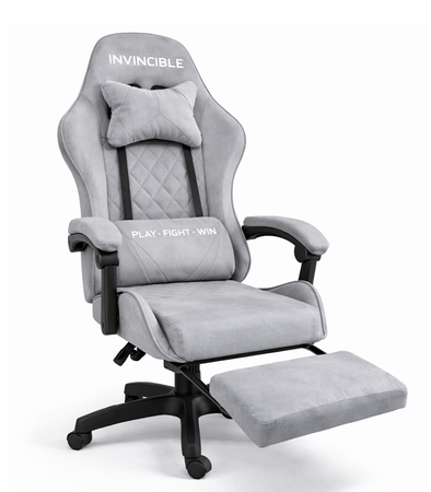 FOTEL GAMINGOWY ZAMSZOWY SZARY Z PODNÓŻKIEM Z CZARNĄ RAMĄ ERGONOMICZNY NOWOCZESNY OBROTOWY WYSOKI METALOWA RAMA DLA GRACZA DZIECI MŁODZIEŻY