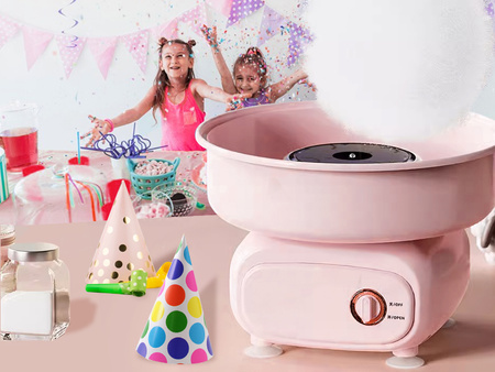 MASZYNA DO WATY CUKROWEJ RÓŻOWA URZĄDZENIE ELEKTRYCZNE DOMOWE DO ROBIENIA WATY DO ZABAWY DLA DZIECI DOROSŁYCH MIARKA PATYCZKI MIESZADŁO NA PRZYJĘCIA IMPREZY
