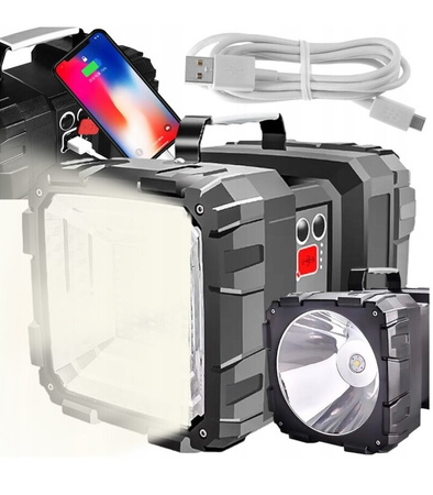 LATARKA AKUMULATOROWA LED MOCNA SZPERACZ REFLEKTOR USB DWUSTRONNA WODOODPORNA POWERBANK