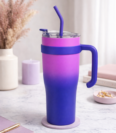 KUBEK TERMICZNY RÓŻOWO-FIOLETOWY 1200 ML  BIDON DUŻY DO SAMOCHODU TERMOS ZE SŁOMKĄ KUBEK PODRÓŻNY TERMOS WIELOKROTNEGO UŻYTKU