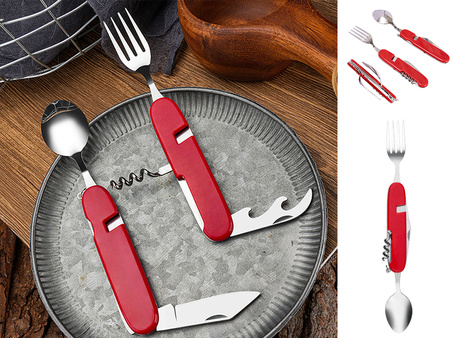 SCYZORYK NÓŻ SKŁADANY WIELOFUNKCYJNY 4W1 ŁYŻKA WIDELEC OTWIERACZ DO BUTELEK KORKOCIĄG NIEZBĘDNIK TURYSTYCZNY CZERWONY