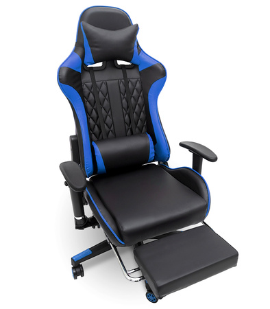 FOTEL GAMINGOWY Z PODNÓŻKIEM NIEBIESKI KUBEŁKOWY PIKOWANY BIUROWY MASAŻER GRACZA OBROTOWY NOWOCZESNY DLA GRACZA