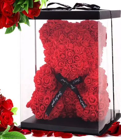PUDEŁKO NA MISIA Z PŁATKÓW RÓŻY 40 CM TRANSPARENTNE OZDOBNA WSTĄŻKA GIFT BOX