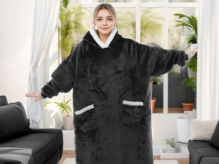 BLUZOKOC CZARNY PONCZO BLUZA Z KAPTUREM KIESZEŃ DŁUGI POLAR OVERSIZE 100% POLIESTER DLA MŁODZIEŻY DOROSŁYCH