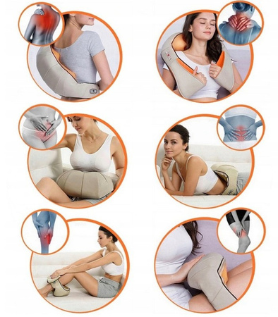 MASAŻER KARKU SZYI PLECÓW CIAŁA SHIATSU BEŻOWY 3D 6 TRYBÓW GRZENIE ŚWIATŁEM DWIE GŁOWICE