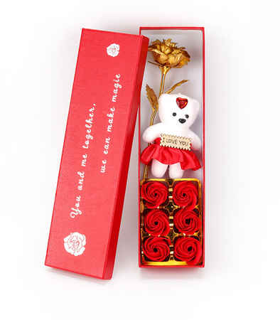 WIECZNA RÓŻA ZŁOTA ZESTAW Z MISIEM I CZERWONYMI MYDEŁKAMI NA WALENTYNKI URODZINY ROCZNICĘ