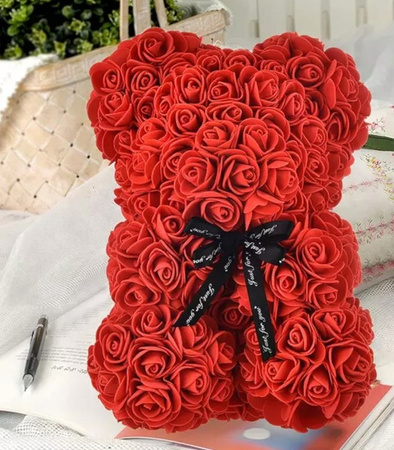 MIŚ Z RÓŻ 40 CM ROSE BEAR Z PŁATKÓW RÓŻ KOKARDA PUDEŁKO NA PREZENT