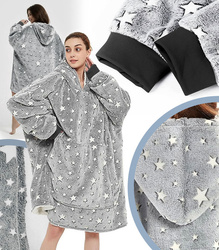 BLUZOKOC SZARY PONCZO BLUZA Z KAPTUREM KIESZEŃ KANGUR POLAR W GWIAZDKI OVERSIZE 100% POLIESTER DLA MŁODZIEŻY DOROSŁYCH