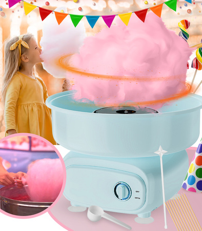 MASZYNA DO WATY CUKROWEJ NIEBIESKA URZĄDZENIE ELEKTRYCZNE DOMOWE DO ROBIENIA WATY DO ZABAWY DLA DZIECI DOROSŁYCH MIARKA PATYCZKI MIESZADŁO NA PRZYJĘCIA IMPREZY