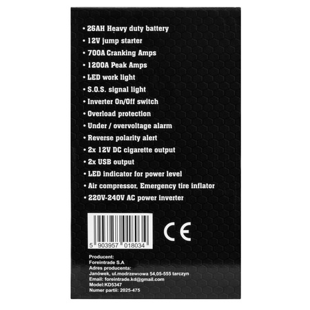 JUMP-STARTER 1200/700A 26Ah 12V INWERTER KD5347