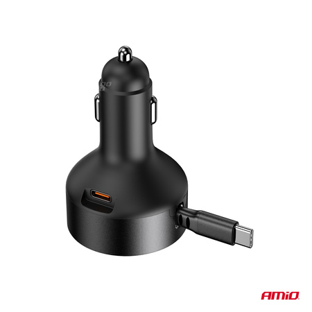 Ładowarka samochodowa ze zwijanym kablem typu C + USB-C 12V 24V 60W AMIO-04368