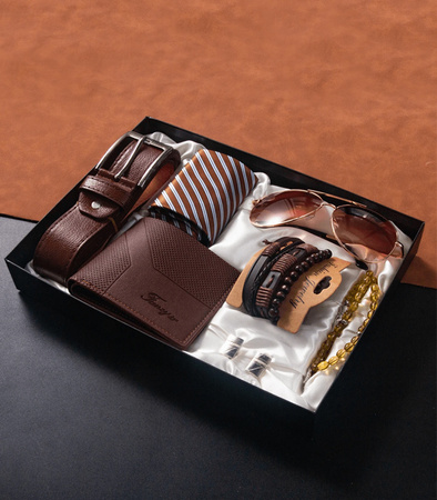 ZESTAW BOX PREZENTOWY MĘSKI PORTFEL PASEK BRĄZOWY OKULARY BRANSOLETKI KRAWAT PREZENT NA ŚWIĘTA