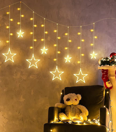 GIRLANDA ŚWIĄTECZNA GWIAZDKI LED CIEPŁA BIEL RÓŻNE TRYBY ŚWIECENIA KURTYNA ŚWIĄTECZNA Z HACZYKAMI