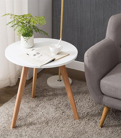 STOLIK KAWOWY DREWNIANY OKRĄGŁY 40 CM TRÓJNÓG STYL SKANDYNAWSKI DO SALONU SYPIALNI