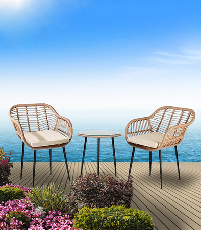 ZESTAW MEBLI OGRODOWYCH NAPOLI BRĄZOWY KRZESŁA STOLIK PODUSZKI SZKŁO HARTOWANE TECHNORATTAN BOHO PLECIONKA