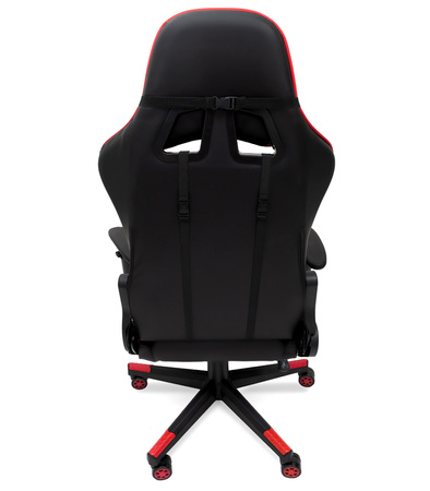 FOTEL GAMINGOWY Z PODNÓŻKIEM CZERWONY KUBEŁKOWY PIKOWANY BIUROWY MASAŻER GRACZA OBROTOWY NOWOCZESNY DLA GRACZA