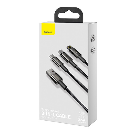 Kabel USB 3w1 Baseus Tungsten Gold, USB do micro USB / USB-C / Lightning, 3.5A, 1.5m (czarny)