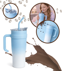 KUBEK TERMICZNY NIEBIESKO-BIAŁY 1200 ML BIDON DUŻY DO SAMOCHODU TERMOS ZE SŁOMKĄ KUBEK PODRÓŻNY TERMOS WIELOKROTNEGO UŻYTKU