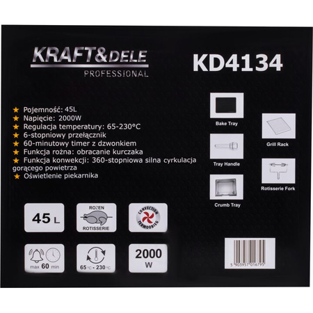 KUCHENKA ELEKTRYCZNA 45L 2000W FUNKCJA ROŻNA+AKCESORIA KD4134