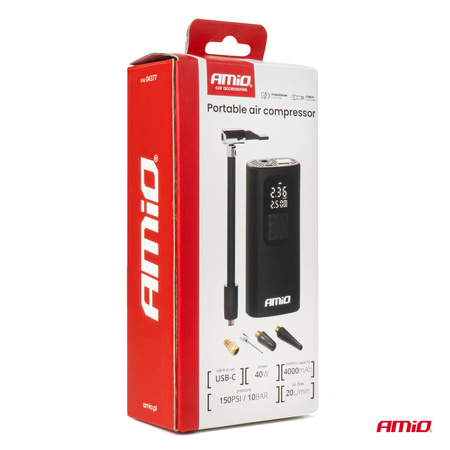 Kompresor samochodowy bezprzewodowy akumulatorowy powerbank LED USB-C 40W AMIO-04377