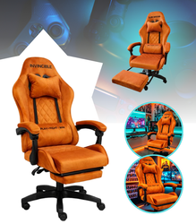 FOTEL GAMINGOWY Z PODNÓŻKIEM ZAMSZOWY POMARAŃCZOWY Z CZARNĄ RAMĄ ERGONOMICZNY NOWOCZESNY OBROTOWY WYSOKI METALOWA RAMA DLA GRACZA DZIECI MŁODZIEŻY