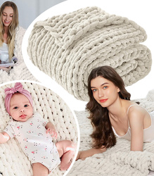 KOC Z DZIANINY 80 X 100 ECRU NARZUTA SZENILOWA PLECIONA MIĘKKA GRUBA OZDOBNA STYLOWA NA SOFĘ ŁÓŻKO FOTEL