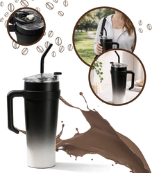 KUBEK TERMICZNY CZARNY 1200 ML  BIDON DUŻY DO SAMOCHODU TERMOS ZE SŁOMKĄ KUBEK PODRÓŻNY TERMOS WIELOKROTNEGO UŻYTKU