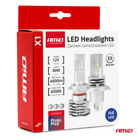 Żarówki samochodowe LED seria X1 H4/H19 6500K Canbus AMIO-02965
