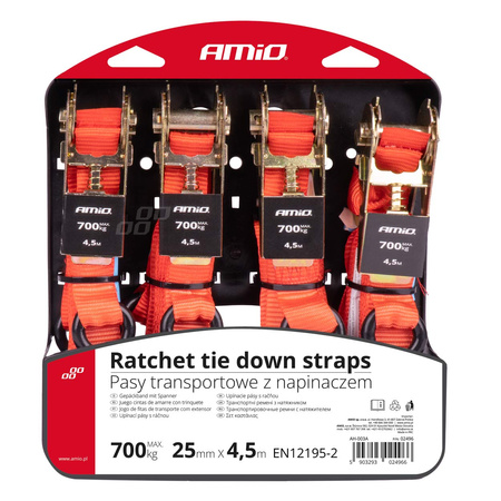 Pasy transportowe z napinaczem - zestaw komplet 700 kg 25 mm 4,5 m 4 szt. BELT-03 AMIO-02496
