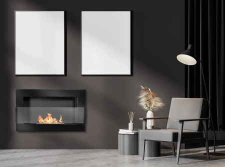 Biokominek wiszący z szybą  650x400 czarny połysk
