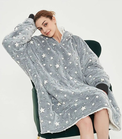 BLUZOKOC SZARY PONCZO BLUZA Z KAPTUREM KIESZEŃ KANGUR POLAR W GWIAZDKI OVERSIZE 100% POLIESTER DLA MŁODZIEŻY DOROSŁYCH