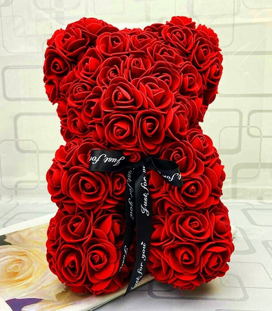MIŚ Z RÓŻ 40 CM ROSE BEAR Z PŁATKÓW RÓŻ KOKARDA PUDEŁKO NA PREZENT