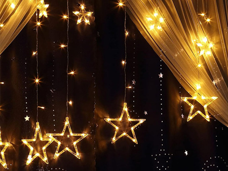 GIRLANDA ŚWIĄTECZNA GWIAZDKI LED CIEPŁA BIEL RÓŻNE TRYBY ŚWIECENIA KURTYNA ŚWIĄTECZNA Z HACZYKAMI