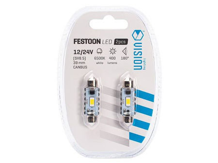 Żarówka VISION Festoon SV8.5 39 mm 12/24V 2x 3570 SMD LED, CANBUS, biała, 2 szt.