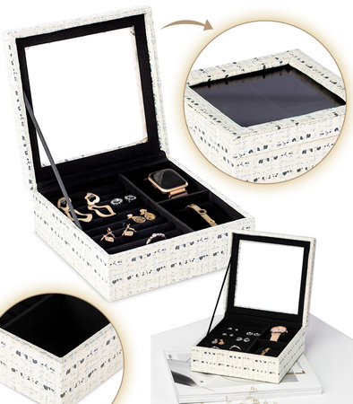 ORGANIZER NA BIŻUTERIĘ DROBIAZKI KOSMETYKI SZKATUŁKA POJEMNA PRZEGRÓDKI SZYBA