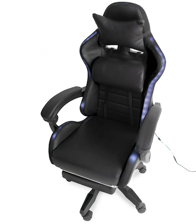 FOTEL GAMINGOWY LED Z PODNÓŻKIEM CZARNY REGULOWANY OBROTOWY NOWOCZESNY PILOT KOLORY RGB  MASAŻER DO GIER DLA GRACZA