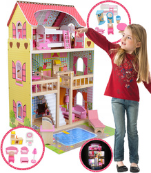 DOMEK DLA LALEK DREWNIANY XXL OŚWIETLENIE LED BASEN + MEBELKI