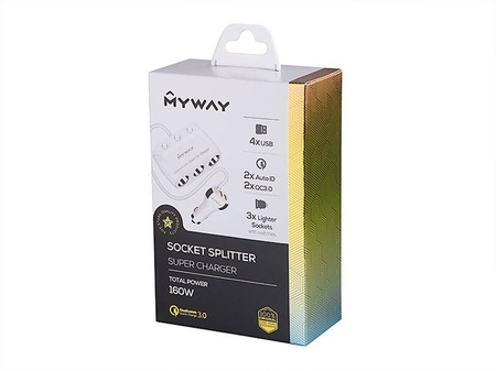 Rozgałęziacz zapalniczki MYWAY 12/24V potrójny z włącznikami + 2x USB QC3.0 + 2x USB 3.6A, kabel 120 cm