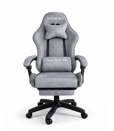 FOTEL GAMINGOWY ZAMSZOWY SZARY Z PODNÓŻKIEM Z CZARNĄ RAMĄ ERGONOMICZNY NOWOCZESNY OBROTOWY WYSOKI METALOWA RAMA DLA GRACZA DZIECI MŁODZIEŻY