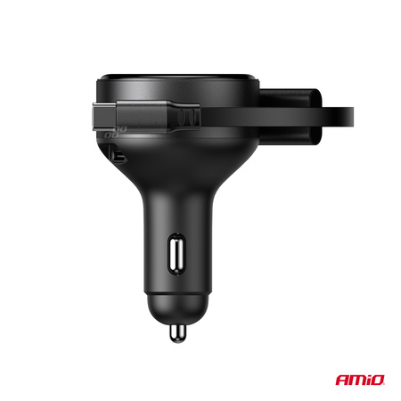 Ładowarka samochodowa ze zwijanym kablem typ C + lightning iPhone + USB-C 12V 24V 60W AMIO-04370