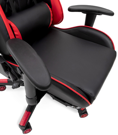 FOTEL GAMINGOWY Z PODNÓŻKIEM CZERWONY KUBEŁKOWY PIKOWANY BIUROWY MASAŻER GRACZA OBROTOWY NOWOCZESNY DLA GRACZA