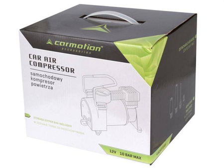 Kompresor powietrza tłokowy 12V, 11 BAR, 35L / min, analogowy ciśnieniomierz, 4 adaptery
