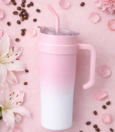 KUBEK TERMICZNY RÓŻOWO-BIAŁY 1200 ML BIDON DUŻY DO SAMOCHODU TERMOS ZE SŁOMKĄ KUBEK PODRÓŻNY TERMOS WIELOKROTNEGO UŻYTKU