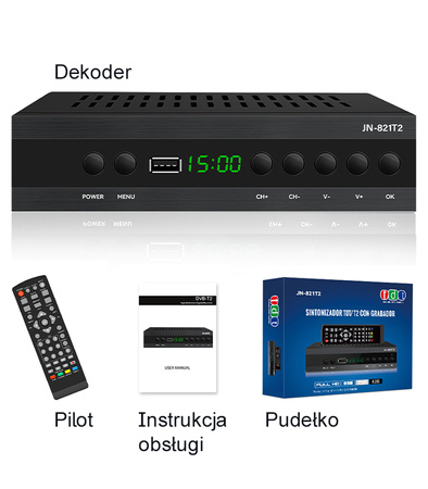 DEKODER TUNER DVB-T DVB-T2 DVB-C TELEWIZJA NAZIEMNA ODBIORNIK TELEWIZYJNY FULL HD ZESTAW PILOT