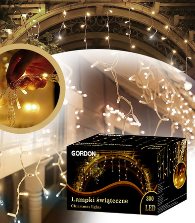 LAMPKI ZEWNĘTRZNE SOPLE 300 LED CIEPŁA BIEL 12M EFEKT FLASH KURTYNA GIRLANDA OŚWIETLENIE ŚWIĄTECZNE